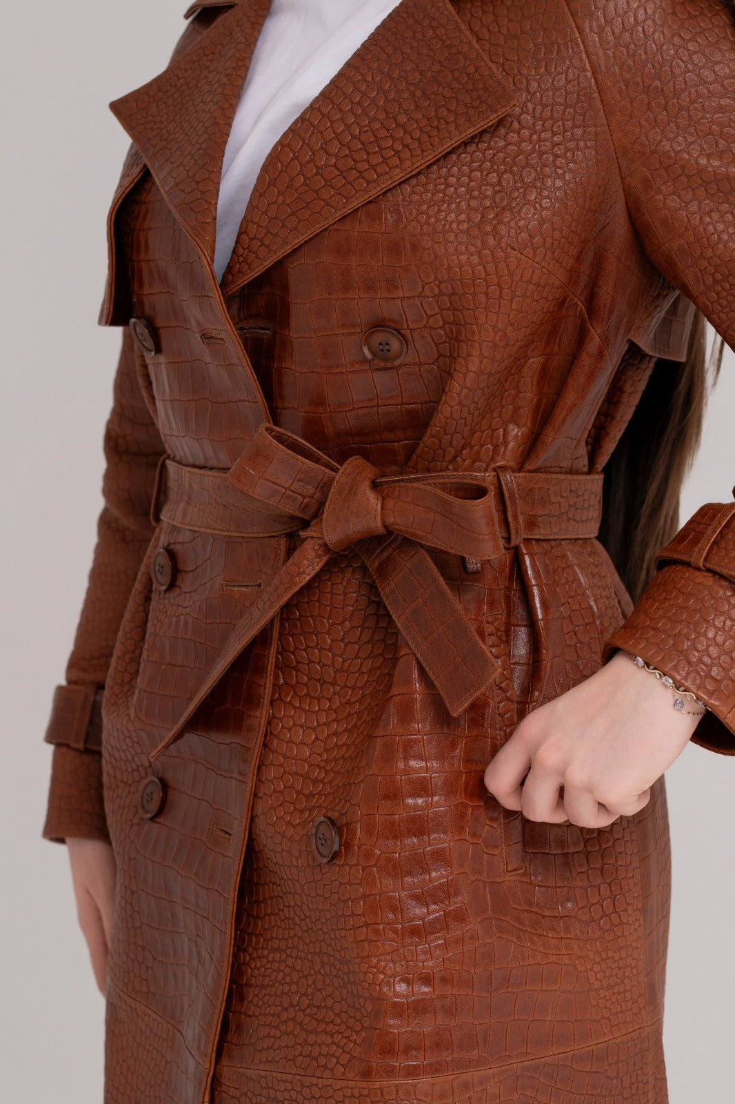 Trench Lung din Piele Naturală – Cognac Croco Luxe