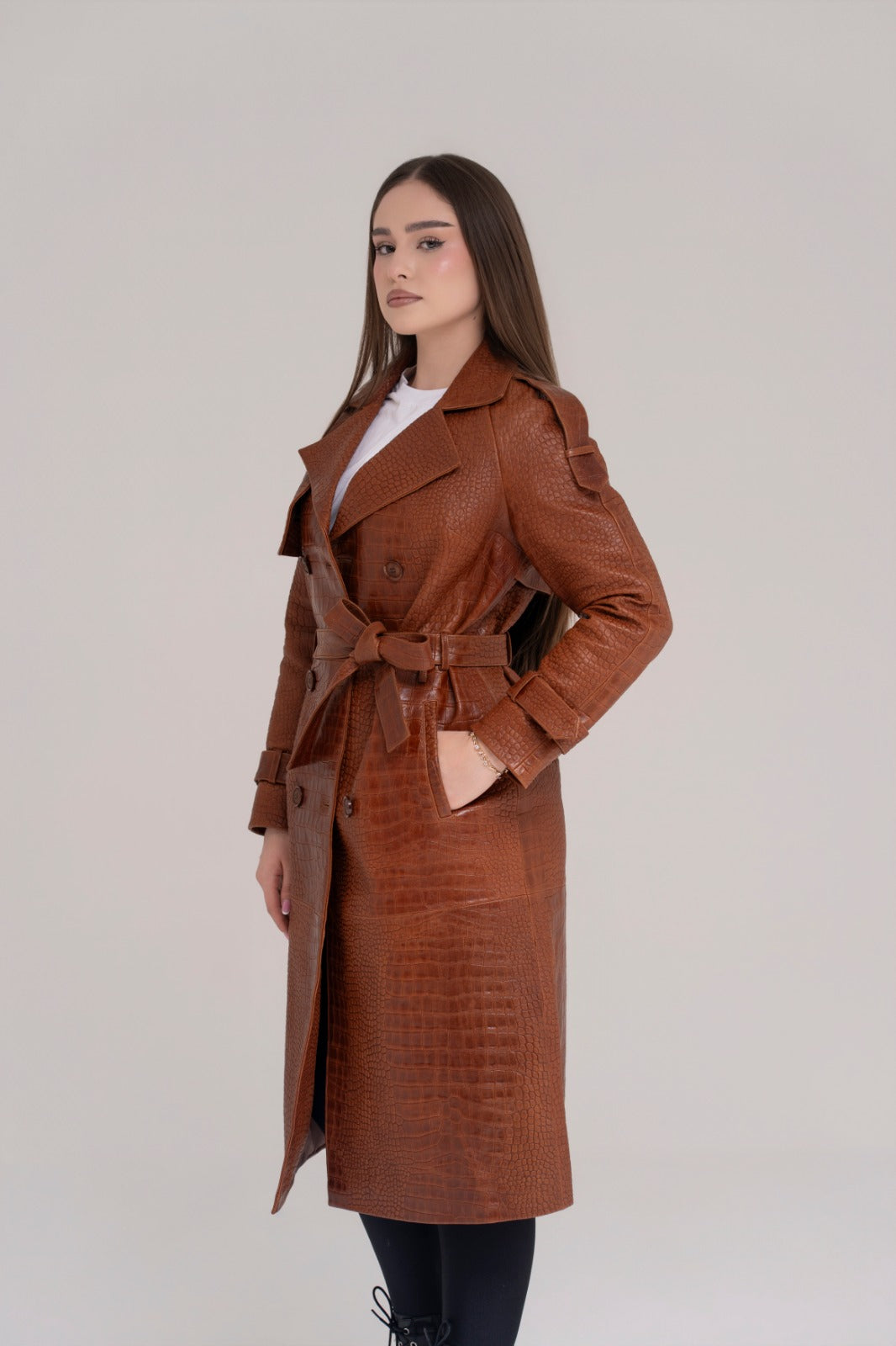 Trench Lung din Piele Naturală – Cognac Croco Luxe