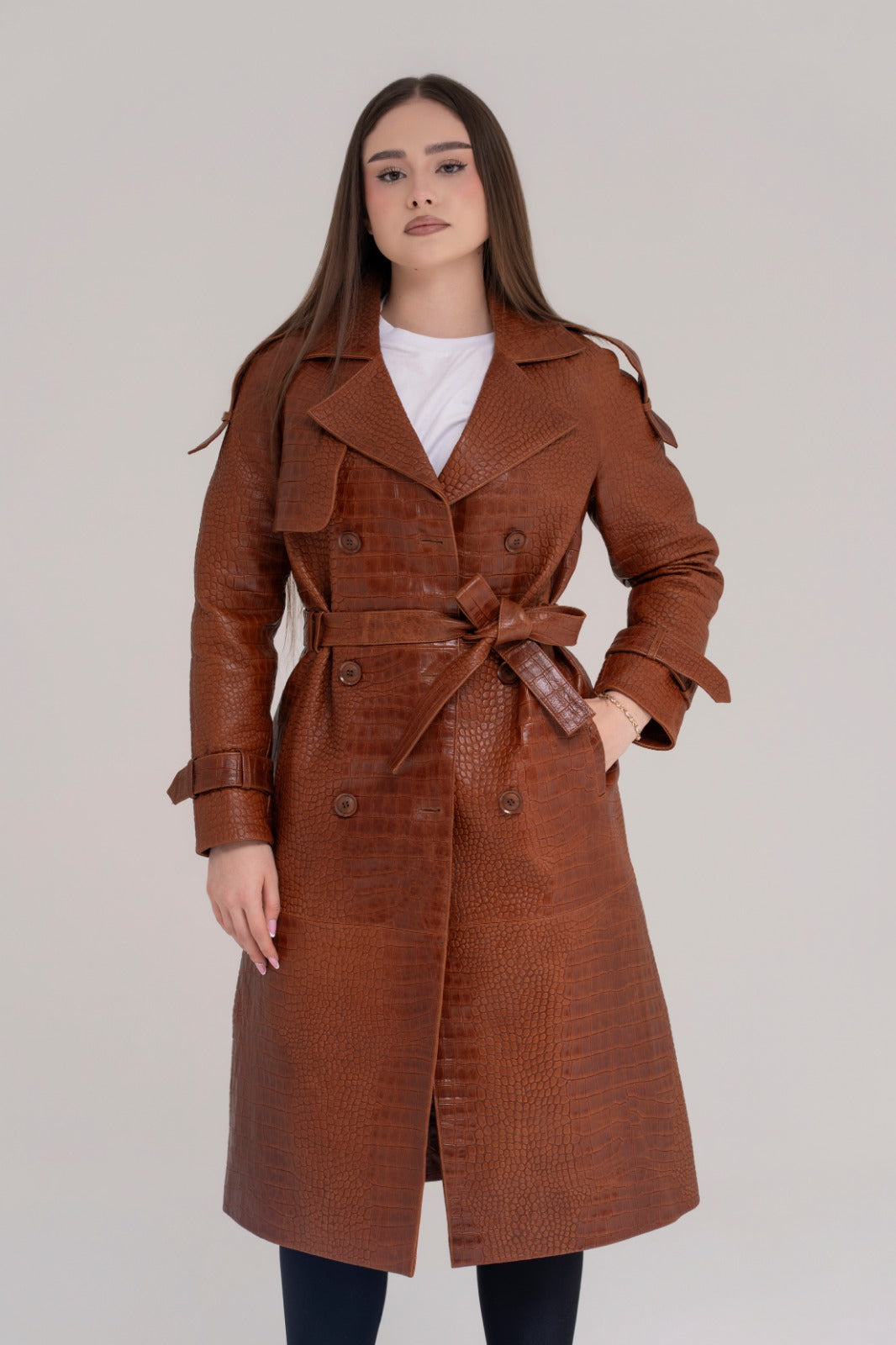 Trench Lung din Piele Naturală – Cognac Croco Luxe