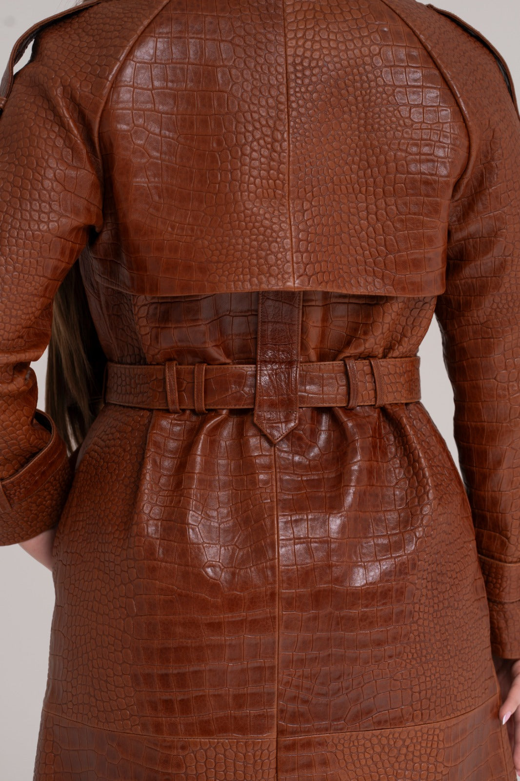 Trench Lung din Piele Naturală – Cognac Croco Luxe