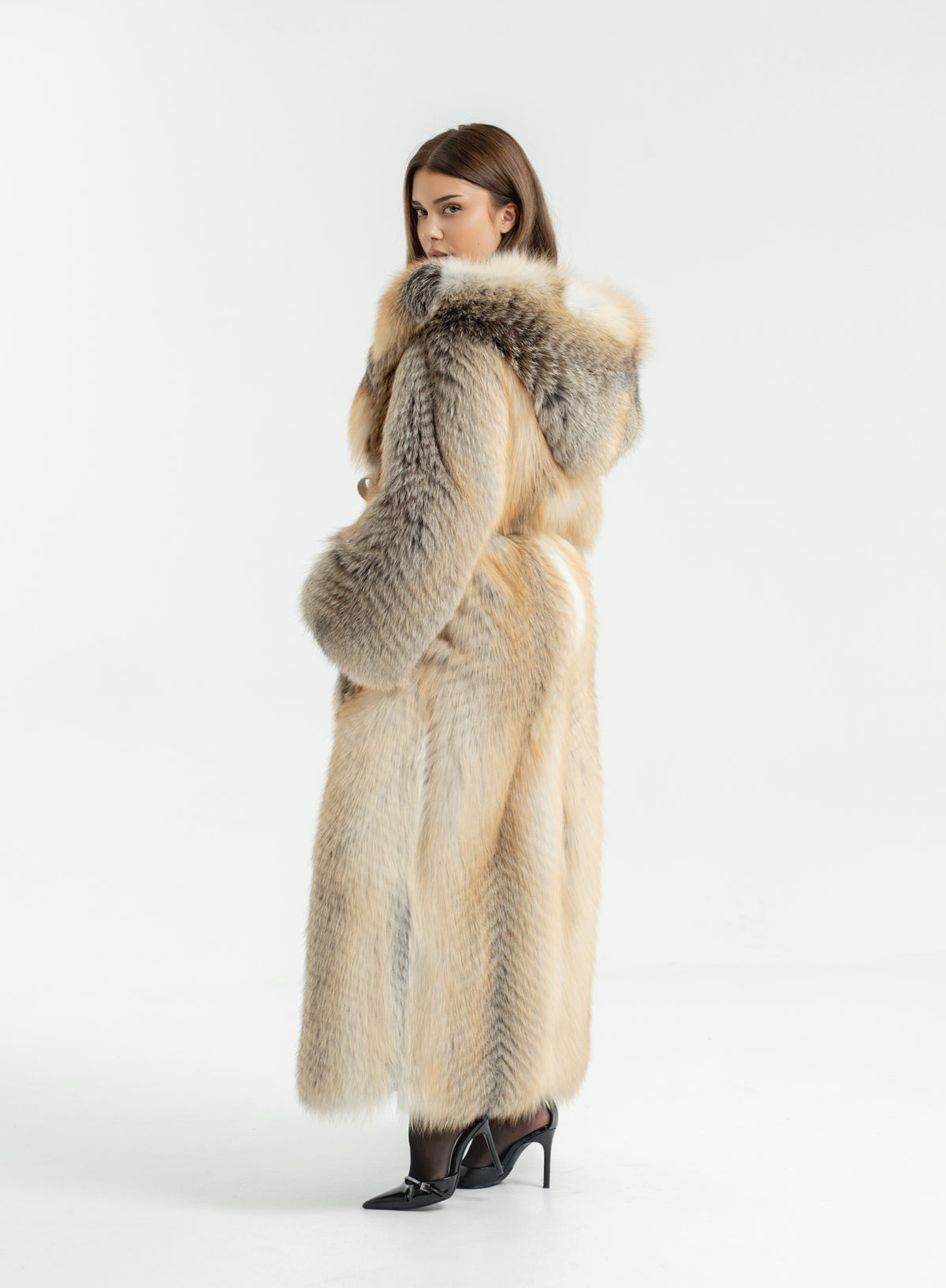 Haină lungă din blană naturală de vulpe Gold Frost