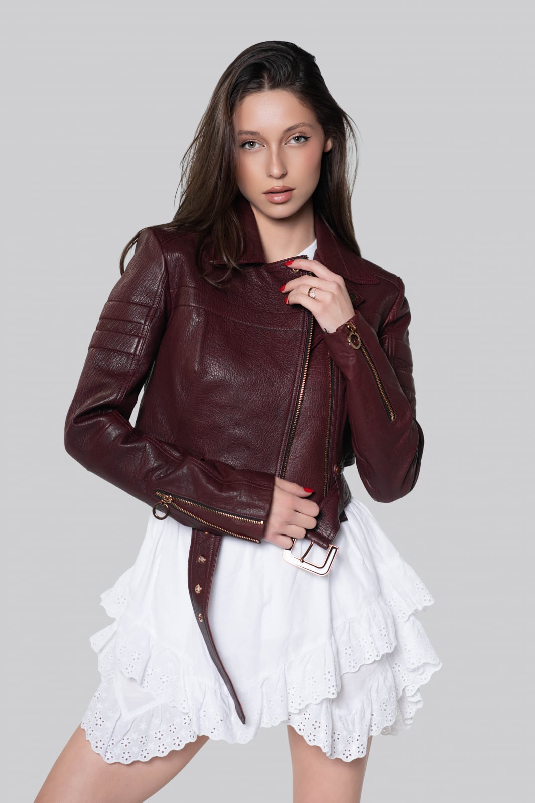 Geaca biker din piele de ovina, bordo