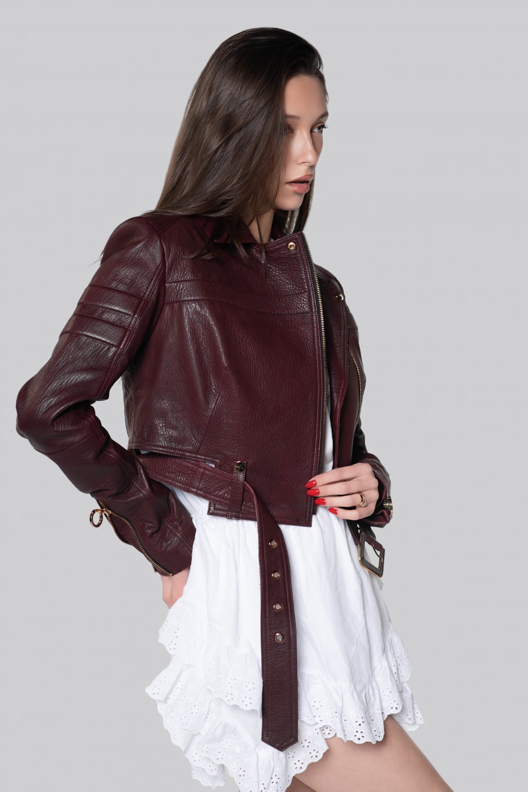 Geaca biker din piele de ovina, bordo