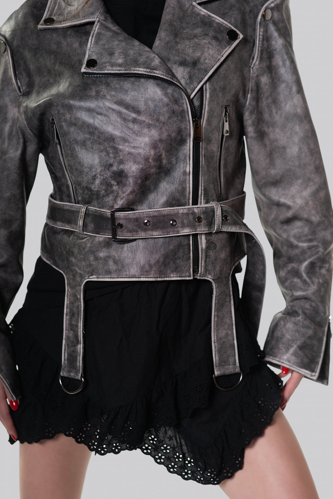 Geaca biker din piele de ovina cu efect de spalare – gri marmorat