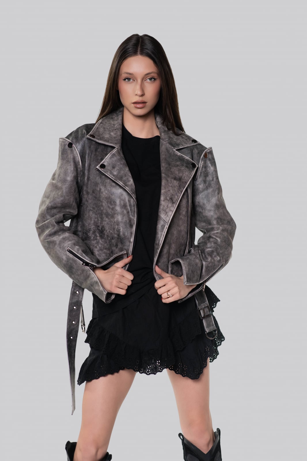 Geaca biker din piele de ovina cu efect de spalare – gri marmorat