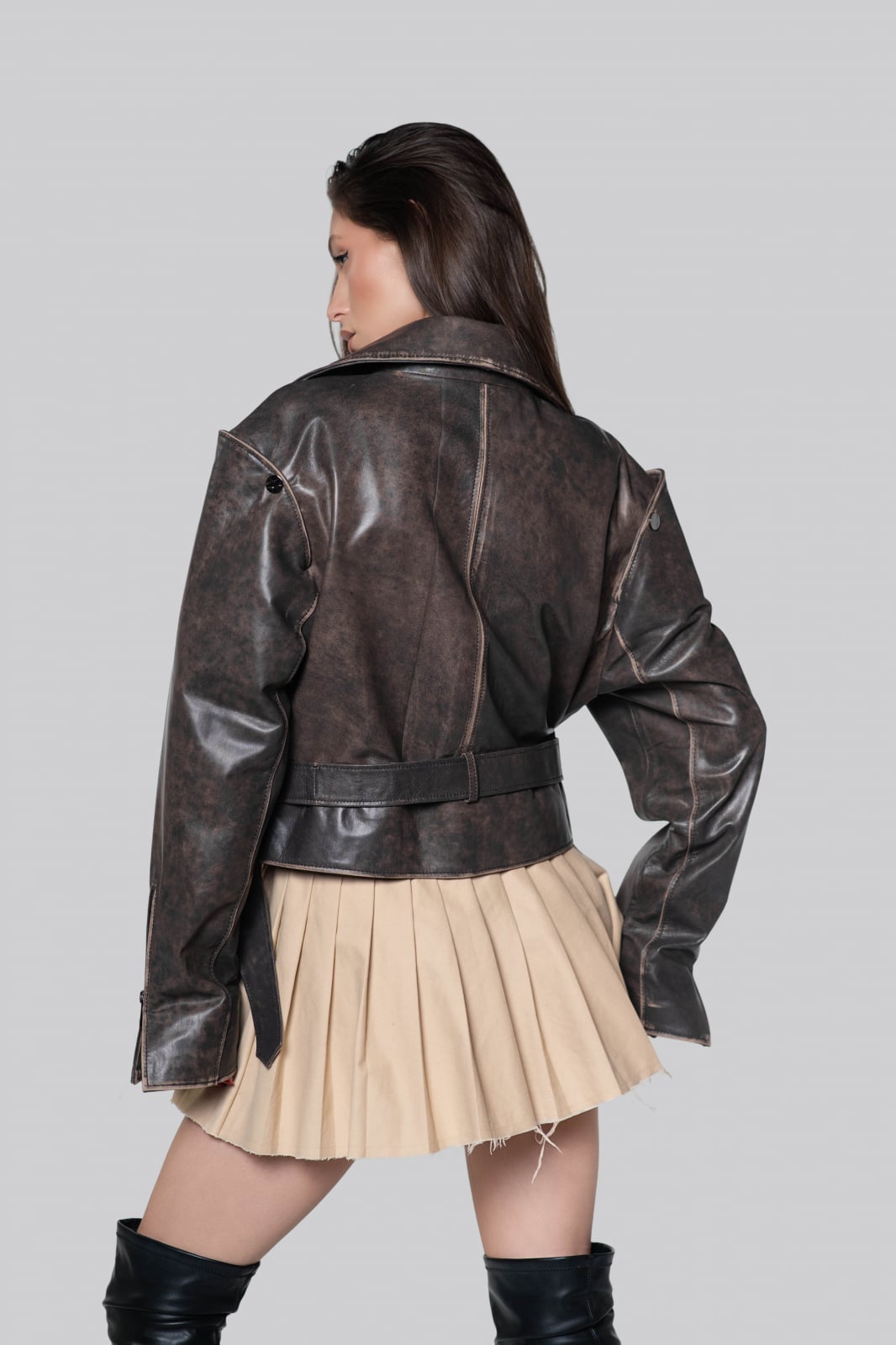 Geaca biker din piele naturala de ovina, maro, cusuta manual