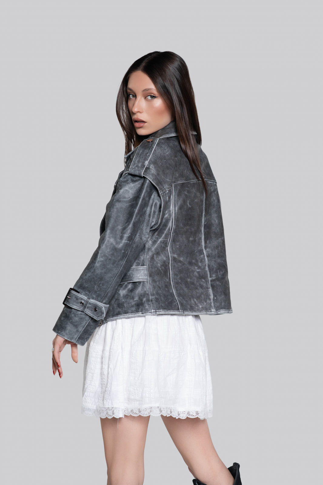 Geaca de piele de ovina biker vintage