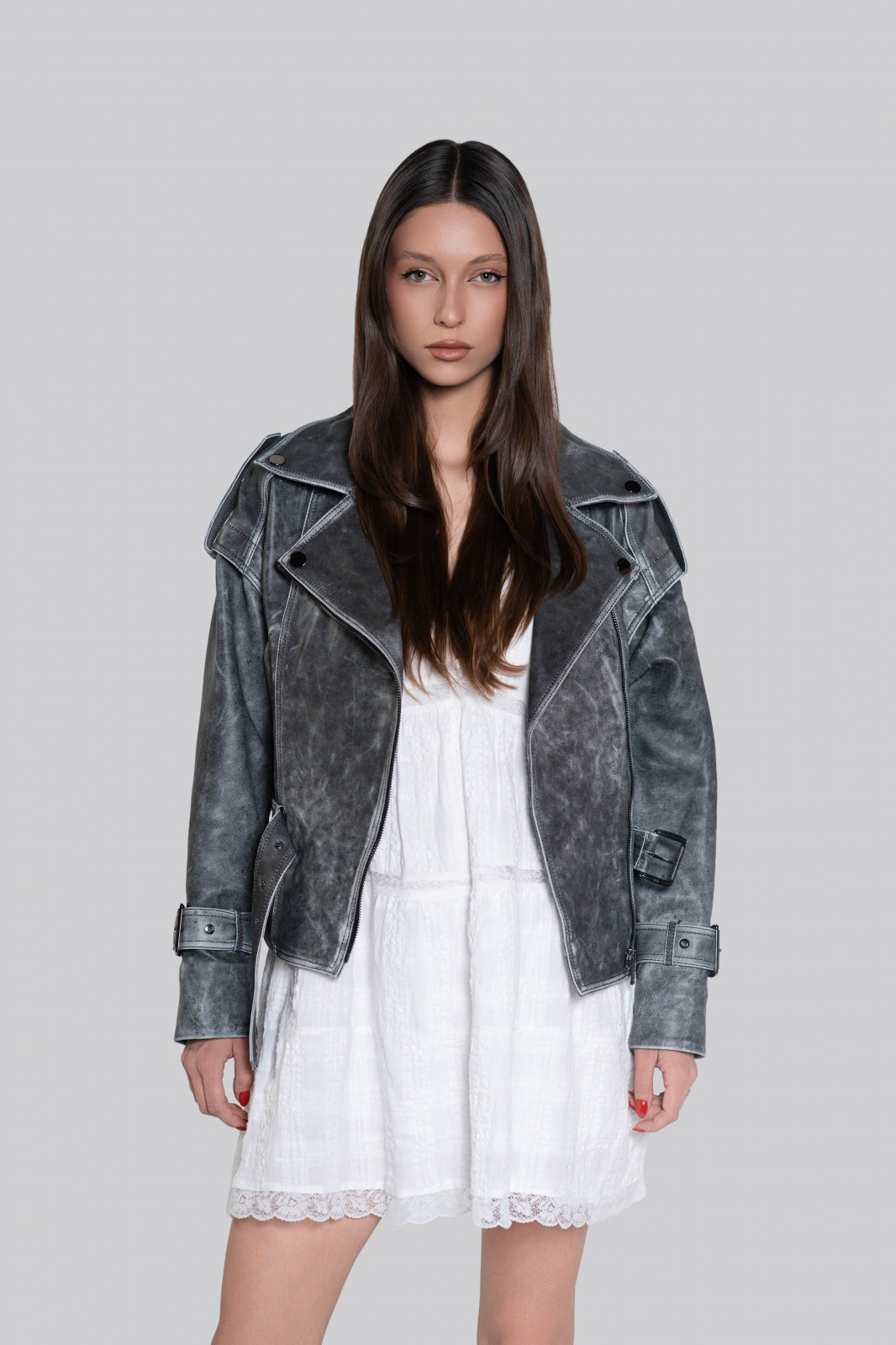 Geaca de piele de ovina biker vintage