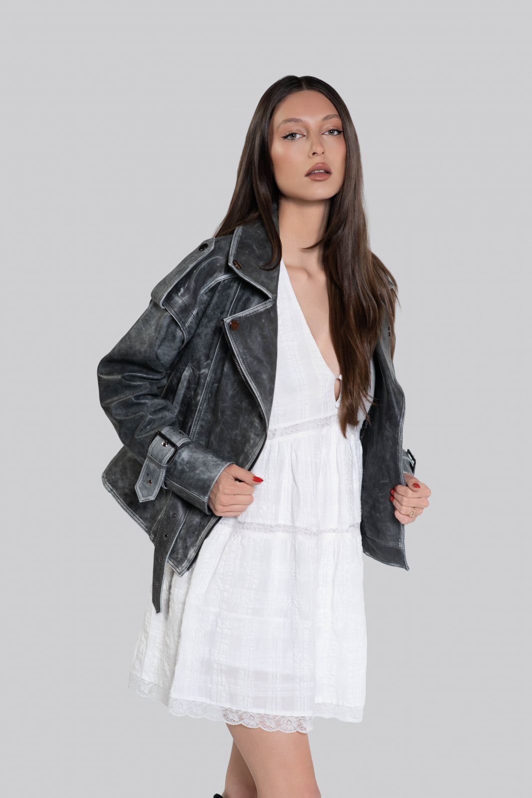 Geaca de piele de ovina biker vintage