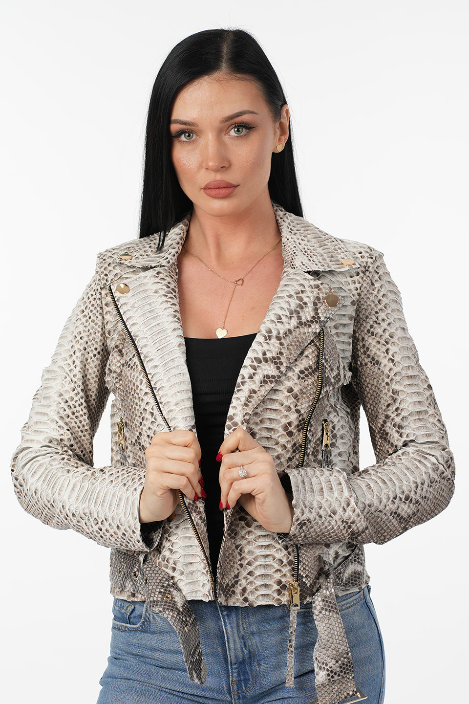 Geaca din piele naturala din piton, accesorizat cu capse, alb - gri