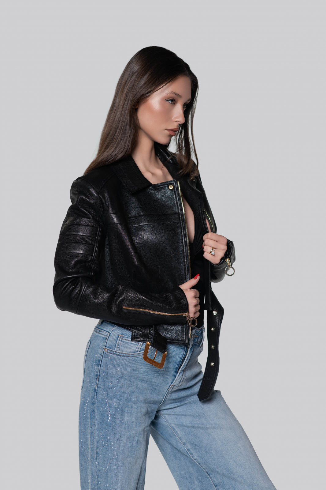 Geca biker din piele de ovina, negru mat