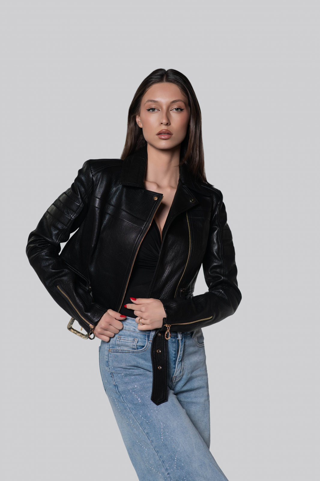 Geca biker din piele de ovina, negru mat
