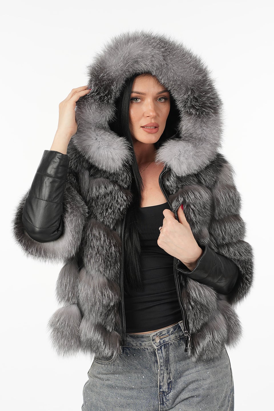 Haina vulpe argintie frost model 4 în 1 accesorizată cu glugă