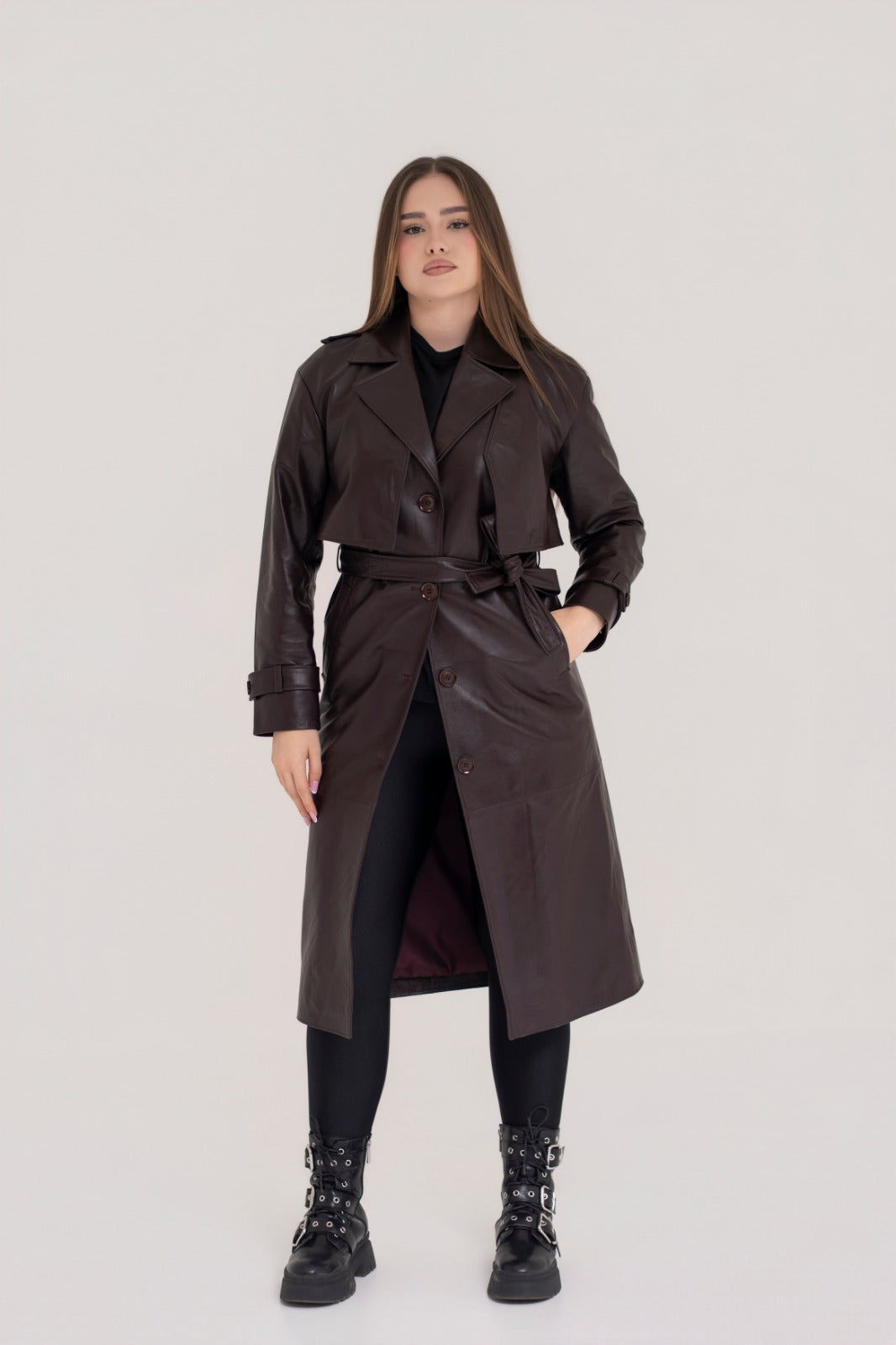 Trench de dama din piele naturala  Burgundy