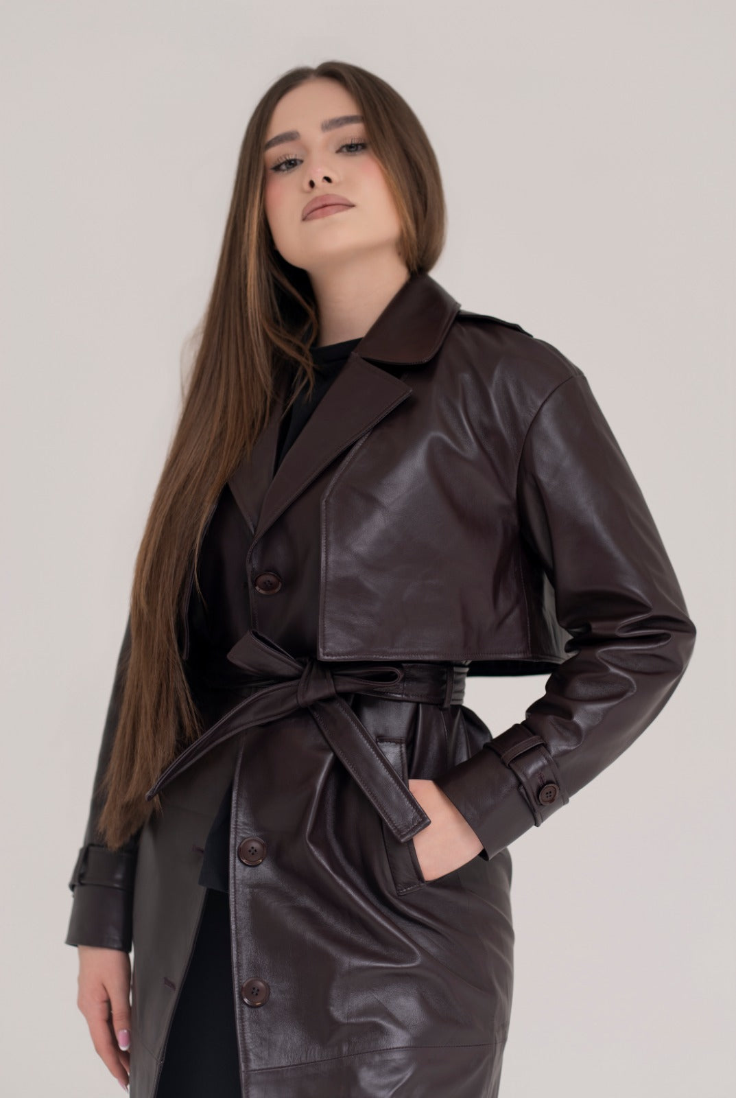 Trench de dama din piele naturala  Burgundy