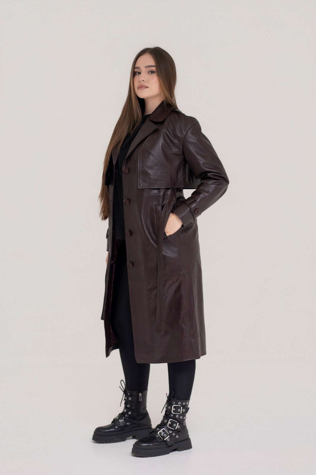 Trench de dama din piele naturala  Burgundy