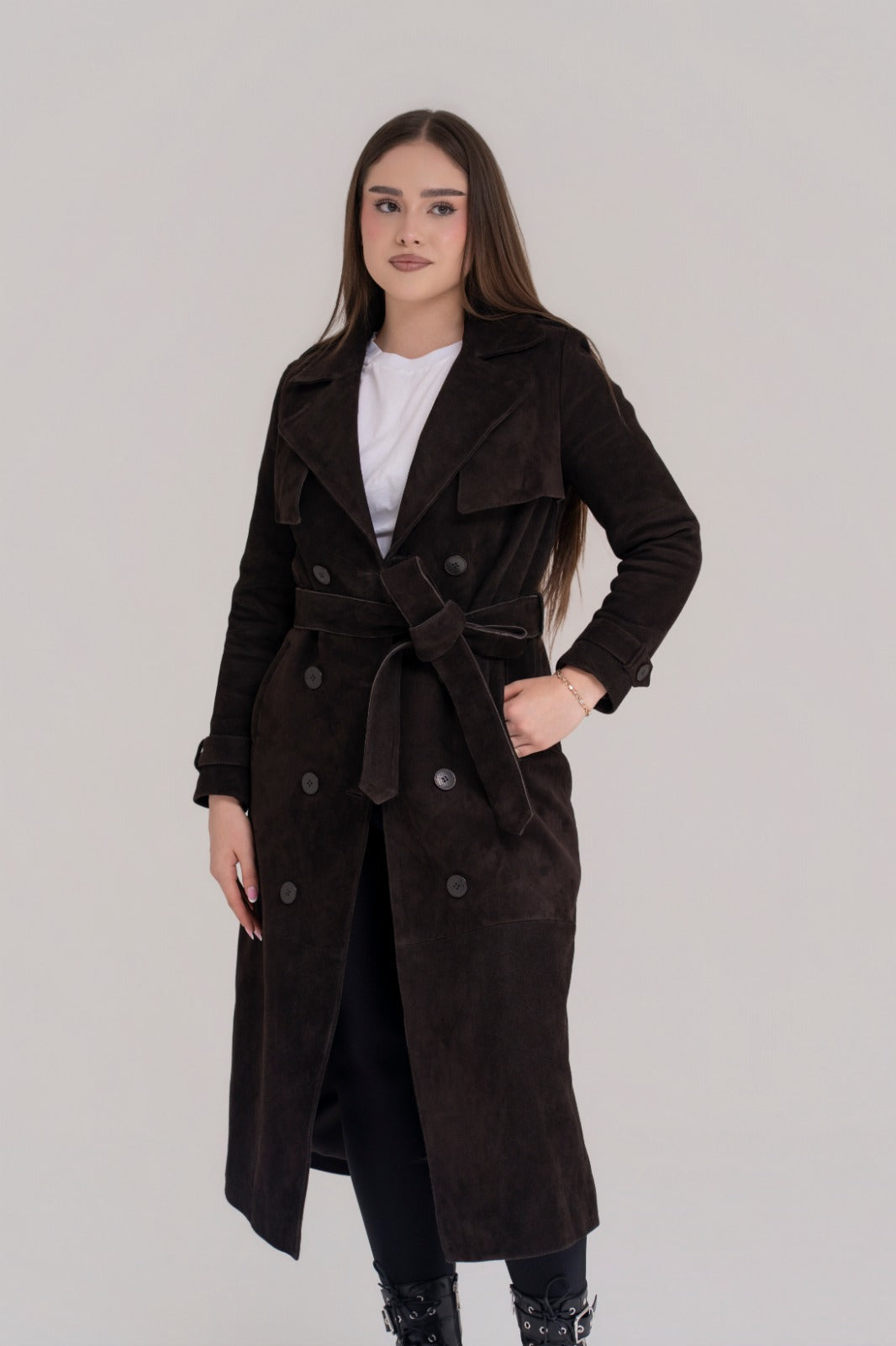 Trench Lung din Piele Naturală Întoarsă